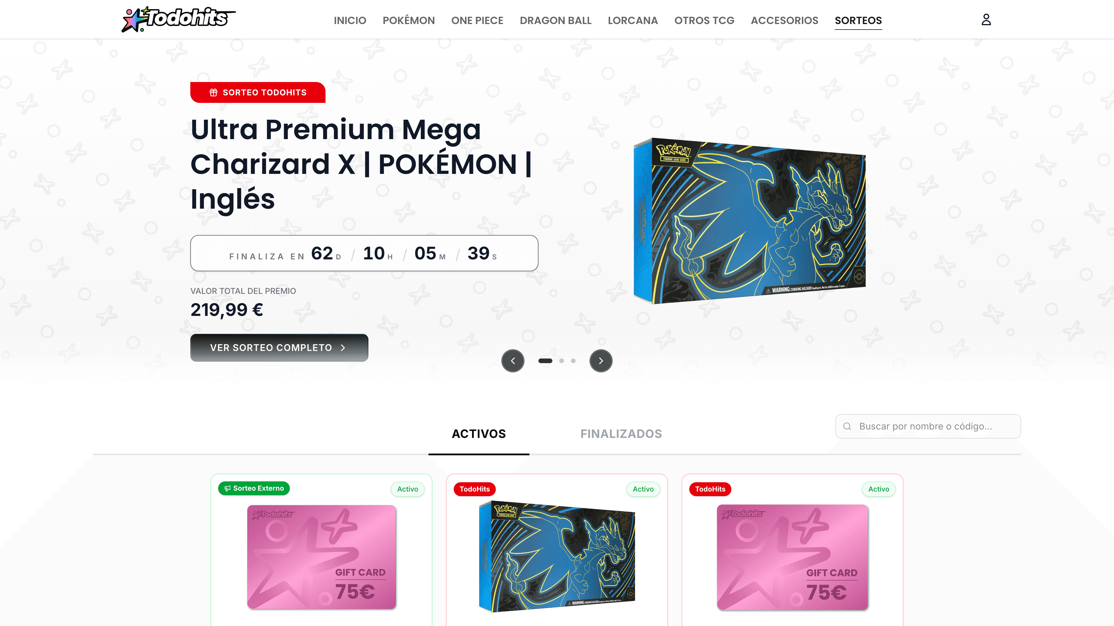 Captura de pantalla de TodoHits Sorteos - Plataforma de sorteos y regalos para la comunidad de TodoHits con productos TCG Pokémon, cartas y tarjetas regalo